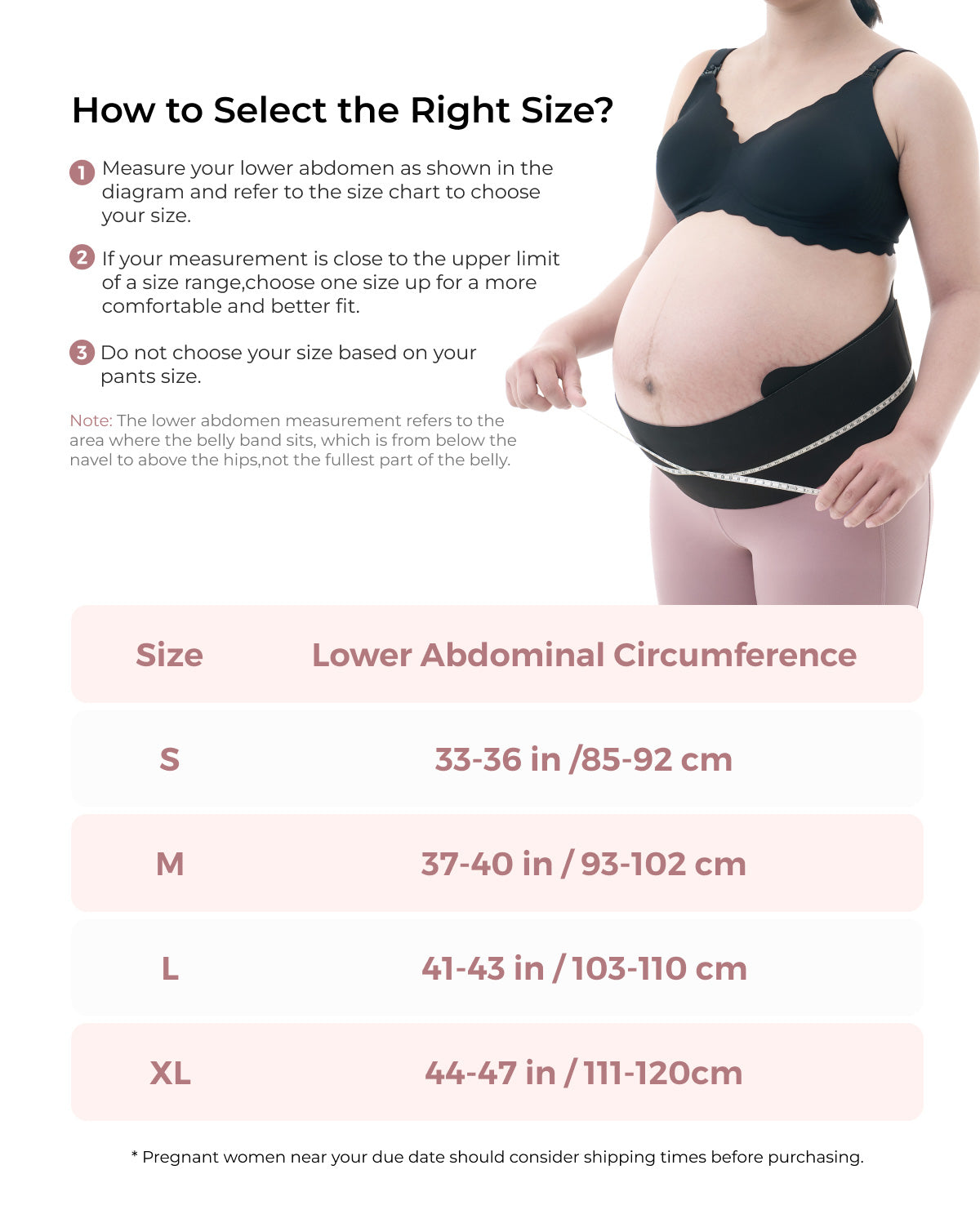 Momcozy Maternova belly band size guide. Pregnant woman measures abdomen, next to size chart.