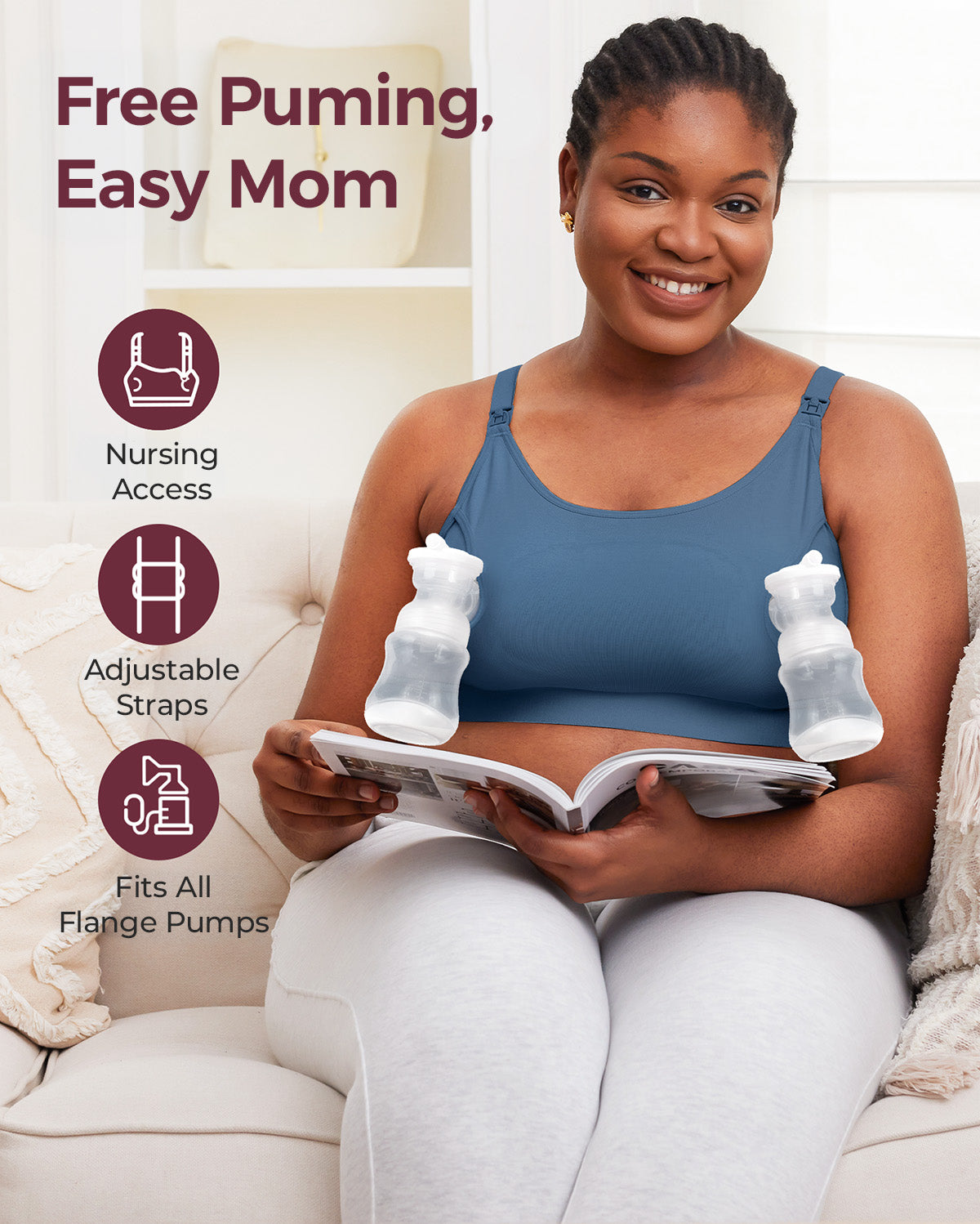 Smiling Black mom relaxing in dusty blue YN08 pumping bra, hands-free. Features nursing, adjustable straps, universal fit.