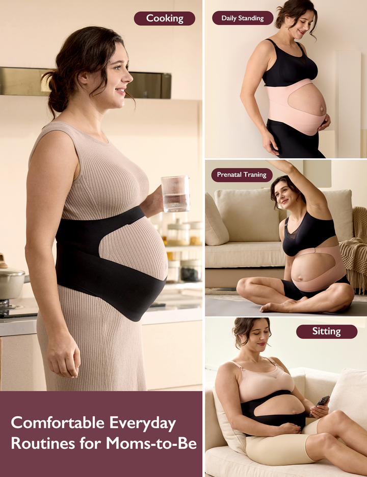 A pregnant woman demonstrates how to use the Momcozy Ergonest Maternity Belly Band during daily routines such as cooking, sitting, standing, and training.