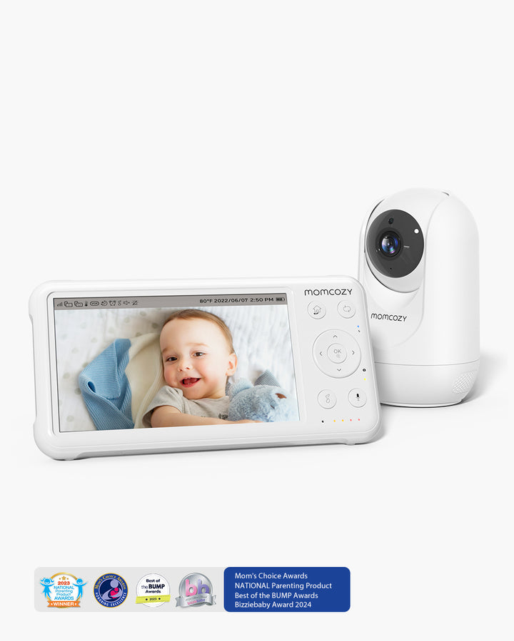 Momcozy 1080P high-performance video baby monitor BM01 featuring large display with happy baby and camera unit, including award badges