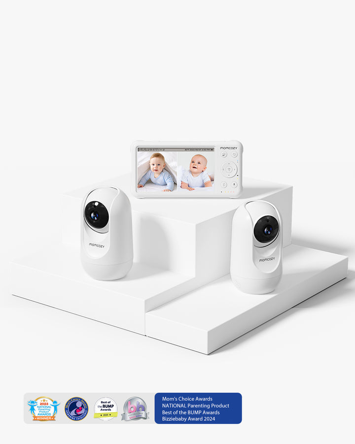 Momcozy BM01 1080P High-Performance Video Baby Monitor with two cameras and screen showing two babies. Includes awards for Mom’s Choice, National Parenting Product, Parent Tested Parent Approved, and Bizziebaby Award 2024.