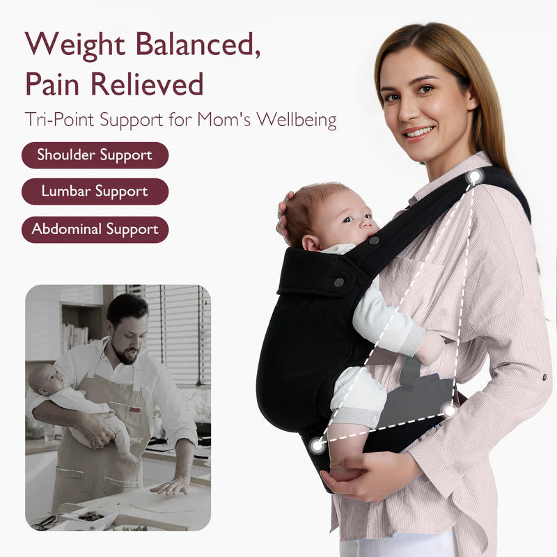 Momcozy PureHug baby carrier in black, offering support and pain relief for mothers. Features include shoulder, lumbar, and abdominal support.