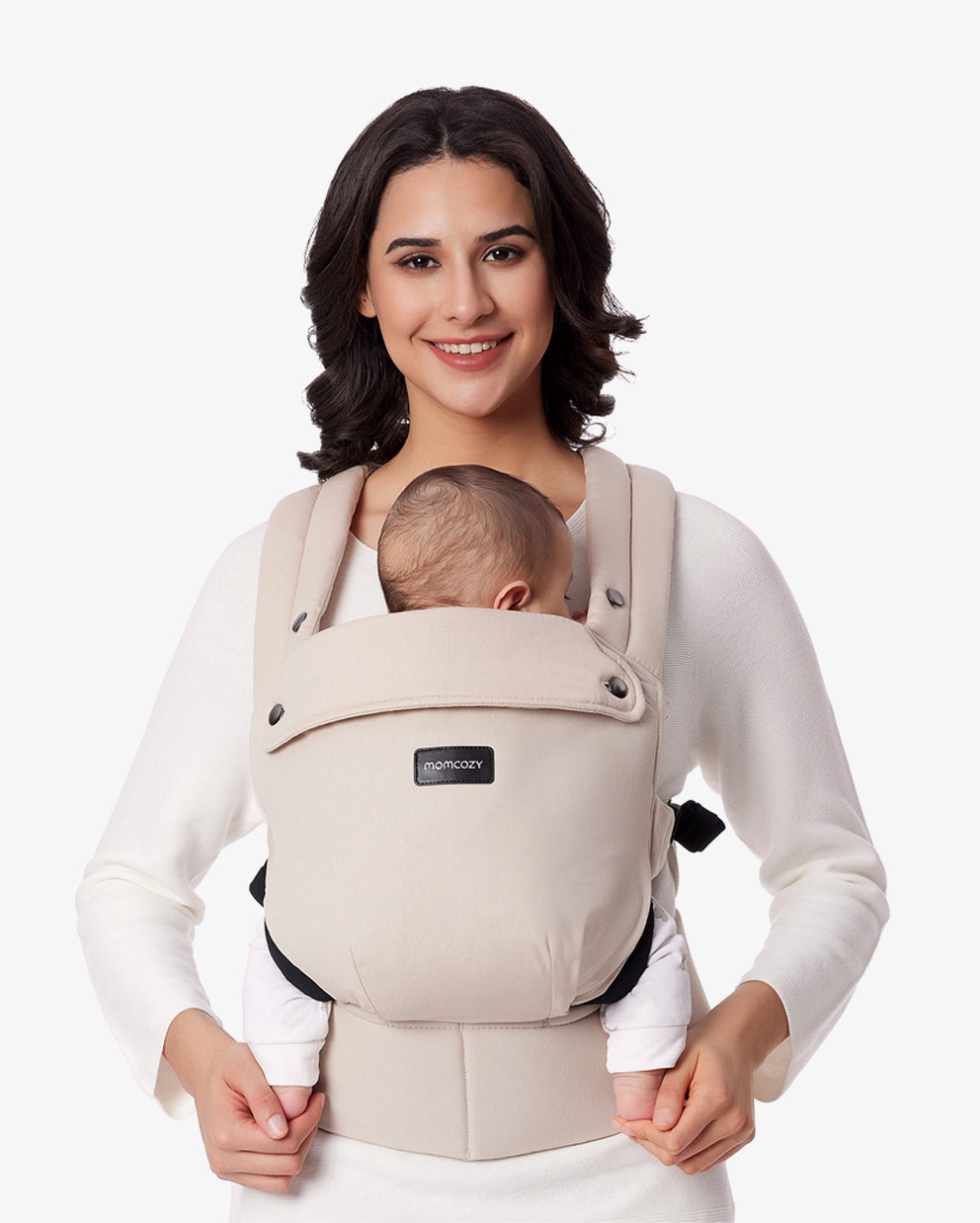 Momcozy PureHug Baby Carrier in Khaki, showcasing a baby being carried comfortably by a mother.