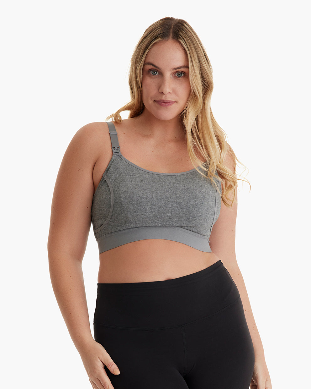 Blonde model in heather grey YN08 basic pumping bra with adjustable strap, nursing clip, wide underband.