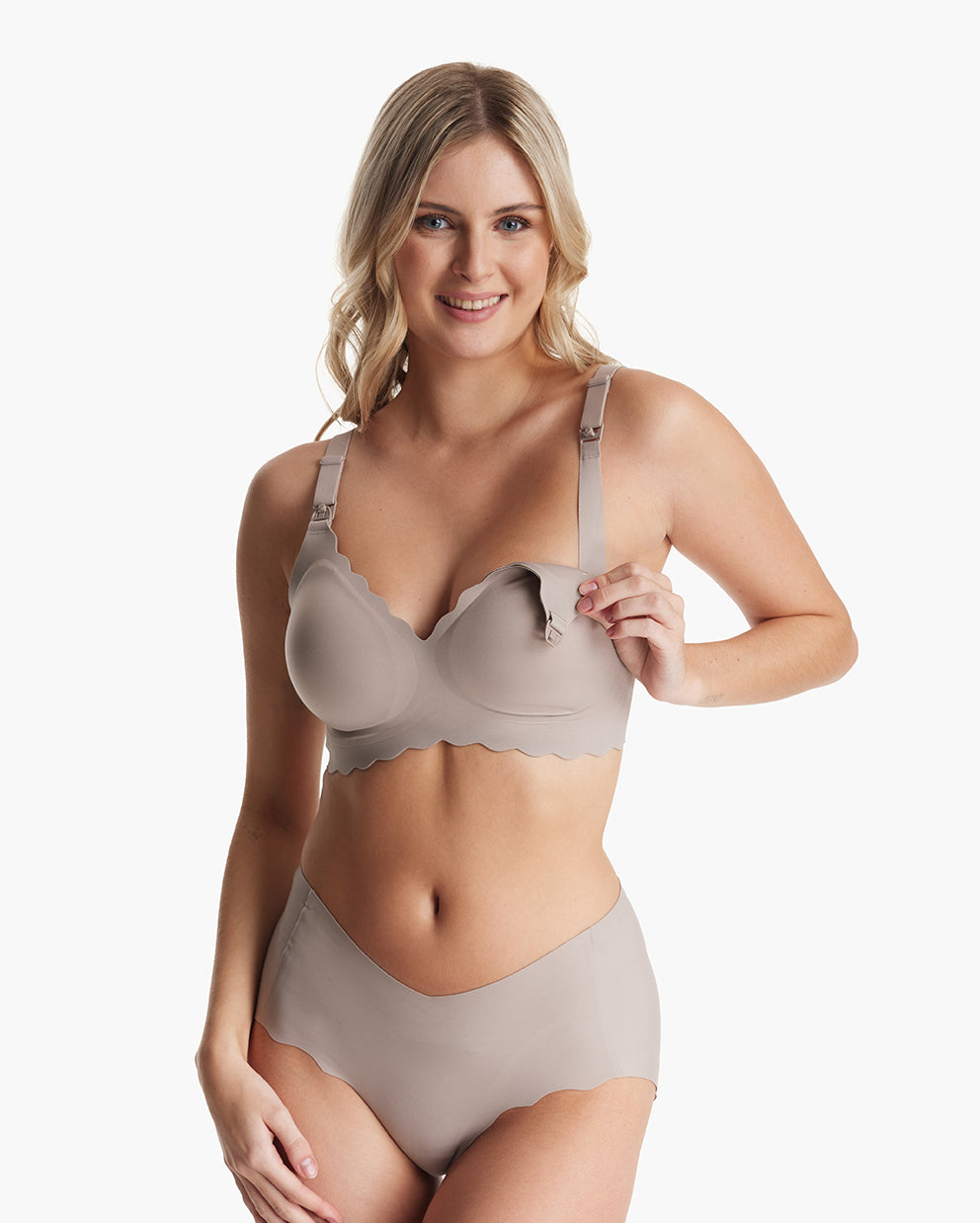 Blonde woman models beige Jelly Strip Seamless Nursing Bra YN46 & matching scalloped briefs, unclips cup for M9 Pump/nursing.