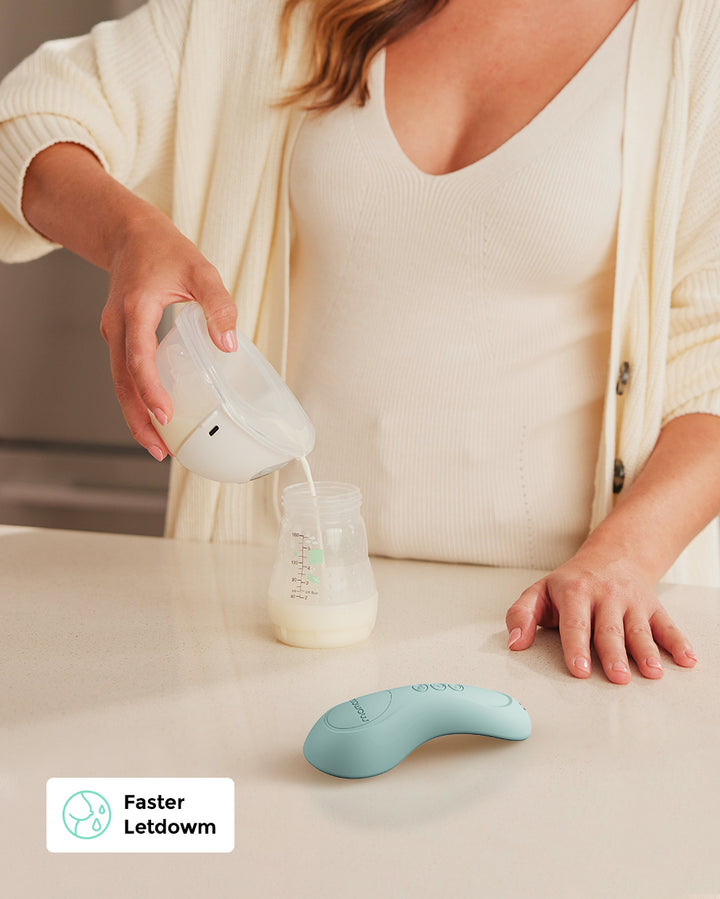 Woman pouring breast milk into a bottle next to a 3 Mode Adjustable Kneading Lactation Massager with 'Faster Letdown' label