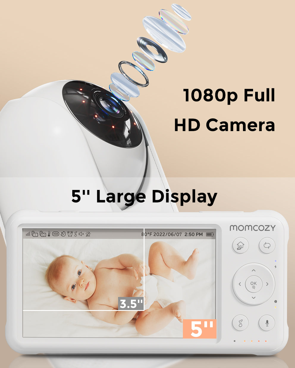 Momcozy 1080P Video Baby Monitor with 5" display and 1080P Full HD camera, showing a baby on screen