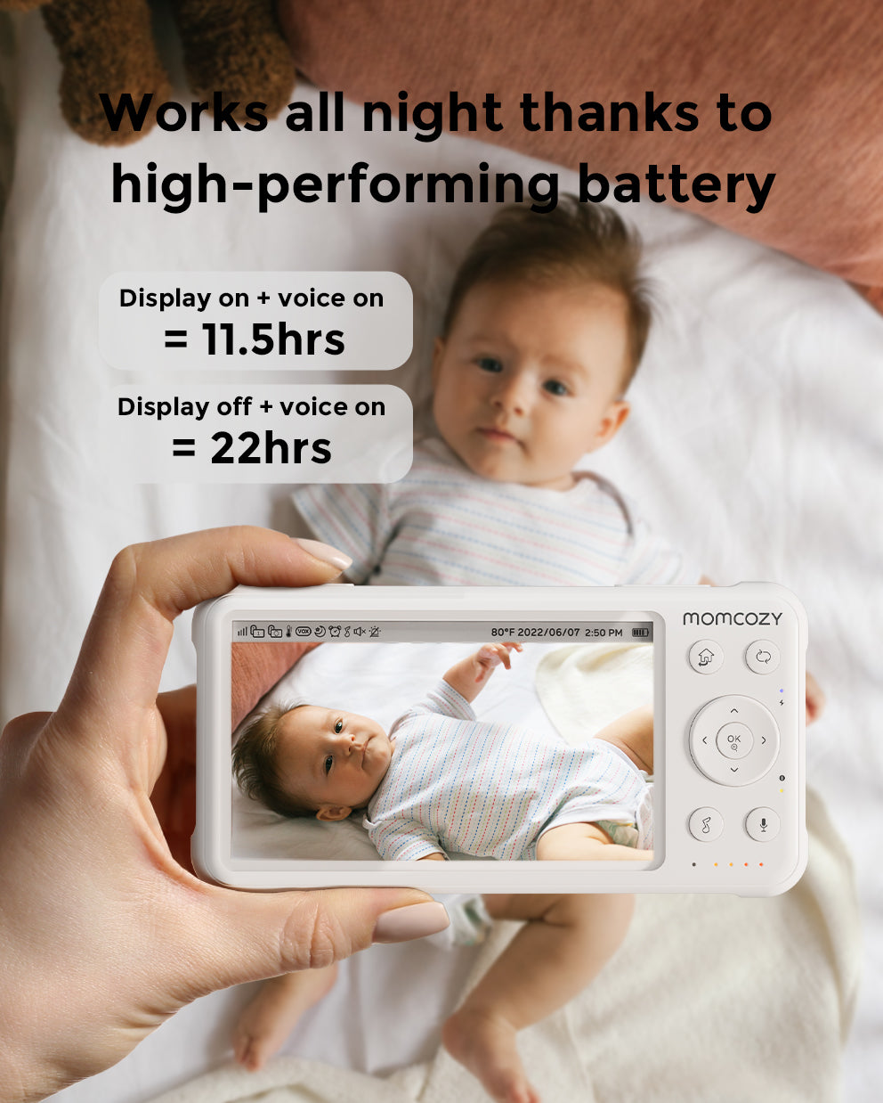 Momcozy 1080P Video Baby Monitor, showing baby on screen, and battery life information, ensuring all-night monitoring.