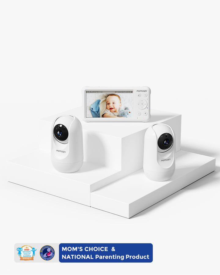 1080P High-Performance Video Baby Monitor by Momcozy with two cameras and a display screen showing a baby, awarded Mom's Choice and National Parenting Product